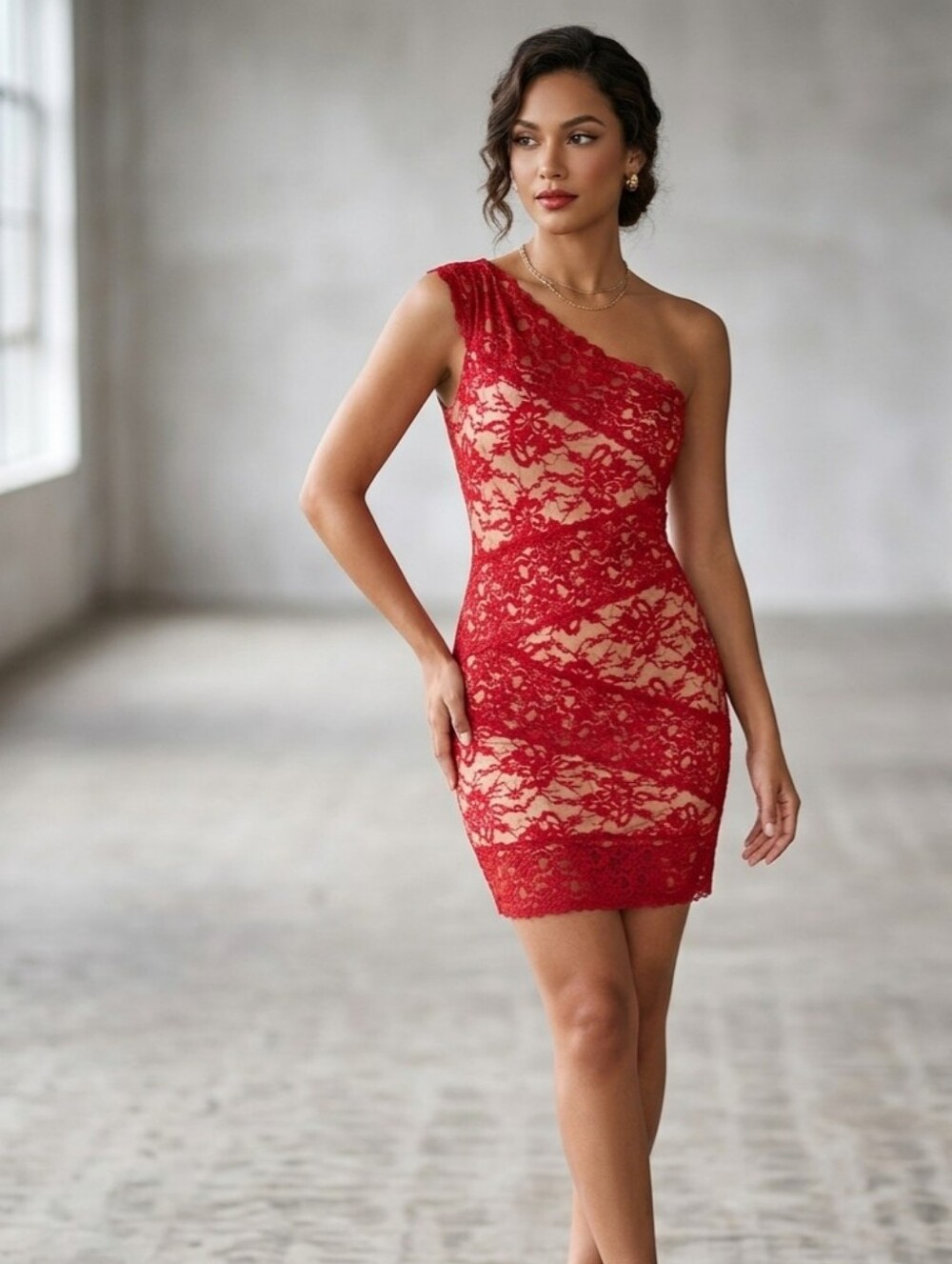 Ark & Co One-Shoulder Red Lace Nude Overlay Bandage Cocktail Dress Medium
